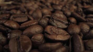 A close up view of roasted coffee beans. The beans are dark brown and have a smooth, shiny texture. Coffee industry concept. Moving camera. video