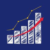 Illustration of a bar graph that ascends in height from the left to the right side. A bold red arrow traces a vibrant yellow line, symbolizing upward momentum or advancement vector