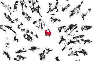 A black and white abstract illustration of numerous overlapping human figures. One figure is highlighted in red, standing out from the crowd vector