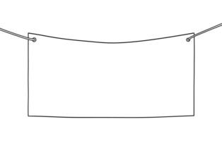 Black line drawing of a blank rectangular banner hanging from two strings vector