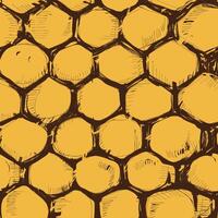 A grungy, hand-drawn honeycomb seamless pattern on yellow background vector