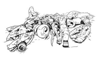 Detailed illustration of a variety of trash items scattered on the ground vector
