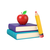 3d rendering stack of books with apple and pencil png