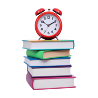3d rendering stack of books with alarm clock png