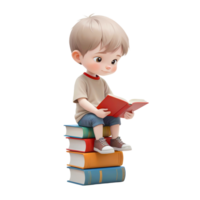 Boy cartoon character with open book and sitting on stack of books png