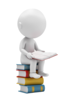 3d Renderização desenho animado personagem com aberto livro e sentado em pilha do livros png