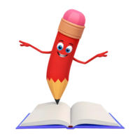 3d rendering smiling red pencil cartoon character with book png