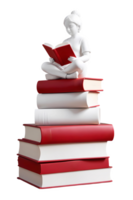 3d rendering woman cartoon character with open book and sitting on stack of books png