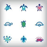 Creative linear 9-piece turtle logo set. Unique ocean creature and business, company icon template. vector