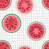 Groovy style watermelons seamless pattern on grid distorted background. Perfect print for fabric, paper, textile. Hand drawn illustration. vector