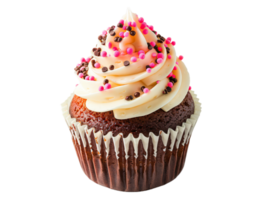 Delicious chocolate cupcake topped with vanilla frosting, pink and brown sprinkles. png