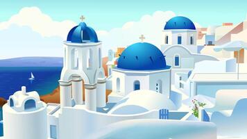 Santorini island, Greece. Beautiful traditional white architecture and Greek Orthodox churches with blue domes over the caldera, Aegean Sea. 4k animation infographic video
