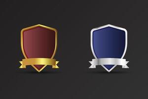 Modern sheriff badge with shield shapes and golden and silver colors. Promotional and Achievement badge with text space and ribbons. Police badge design on a dark background for advertisement. vector