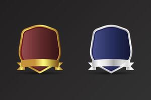 Luxurious sheriff badge with golden and silver color shield shapes and ribbon. Blank badge element with text space on a dark background. Shield shape badge with luxury red and blue colors. vector