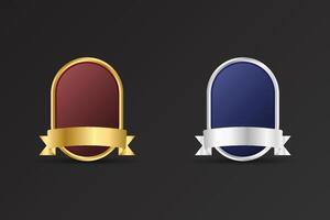 Luxurious badge for Achievement, Subscriber, and Promotional design with ribbon. Blank office badge design with golden and silver colors. Shield shape with dark red and blue colors. vector