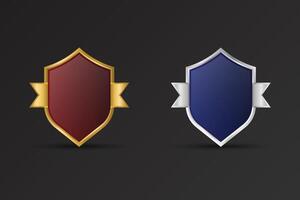 Luxurious golden and silver shield for promotional use. Blank shield with red and blue colors for advertisement. Subscriber, Award, Achievement badge on a dark background. Badge design for sale. vector