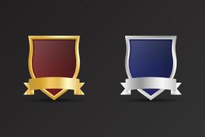 Blank sheriff badge design with golden and silver colors. Shield shape for achievement, Subscriber, and Promotional design. Luxurious official police badge with dark red and blue colors. vector