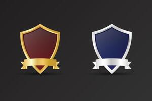 Blank shield and badge element on a dark background. Special police and security badge design with red and blue colors. Luxurious golden and silver badge with ribbons and text space. vector