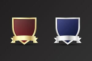 Special police and security badge design with red and blue colors. Blank shield and badge element on a dark background. Luxurious golden and silver badge with ribbons and text space. Shield design. vector