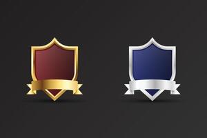 Simple sheriff badge design with golden and silver colors and ribbon. Shield shape badge with luxury red and blue colors. Blank badge element with text space on a dark background. vector