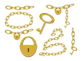A set of gold products in the form of chains, a key, a lock on a white background vector