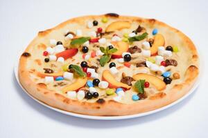 Sweet pizza with marshmallow sauce and colored sweets, chocolate pizza with colored sweets and chocolate pizza with banana on a white background photo