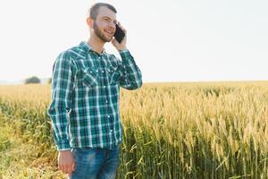 Farmer talking on mobile phone in the field on a sunny day photo