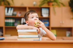 Portrait of cute boy on top of book stack. The concept of learning in primary school. photo