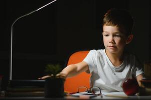 Boy learn lessons in the home setting at the table in the light of a table lamp. photo