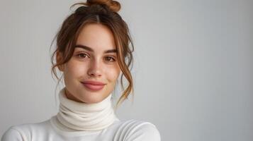 Young Woman With Brown Hair Smiling in White Turtleneck photo