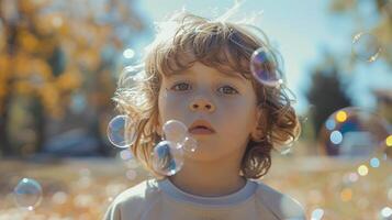 Young Boy Watching Bubbles Float in the Air on a Sunny Day photo