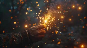 A Hand Holding a Burning Sparklers in a Forest at Night photo
