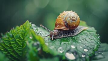 A Snail Crawling on a Wet Leaf in a Lush Garden photo