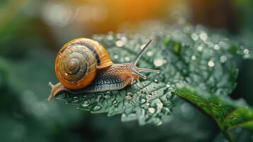 Snail Crawling on a Dew-Covered Leaf in the Morning Sunlight photo
