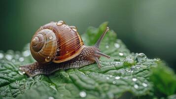 A Snail Crawls on a Dew-Covered Leaf in a Garden photo