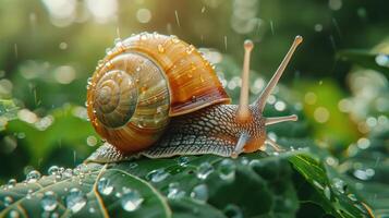 A Snail Crawls on a Leaf During a Rain Shower in a Lush Forest photo