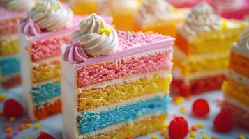 Close Up of Colorful Layered Cake Slices With Whipped Cream Topping photo