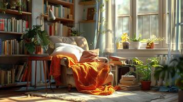 Cozy Living Room With Large Window, Bookshelf, and Armchair photo