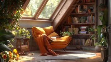 Cozy Attic Reading Nook With Sunlight Streaming Through Skylight photo