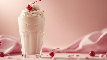 Creamy Milkshake With Whipped Cream and Cherry on a Pink Background photo