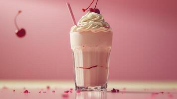 Cherry Milkshake With Whipped Cream and Straw on Pink Background photo