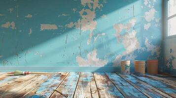 Empty Room With Peeling Blue Paint and Wooden Floor photo