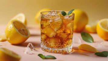 Iced Tea With Lemon and Mint on a Peach-Colored Background photo