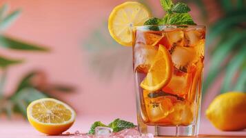 Iced Tea With Lemon and Mint on a Pink Background photo
