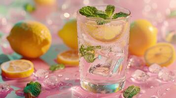 Refreshing Glass of Lemon Water With Mint and Ice on Pink Background photo