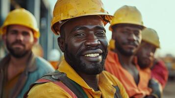 Smiling Construction Worker Wearing Hard Hat at Job Site photo