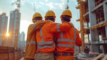 Construction Workers Embracing at Sunset on a Construction Site photo