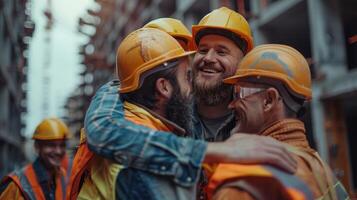 Construction Workers Embracing in Celebration at a Building Site photo