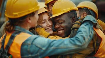 Construction Workers Celebrate Project Completion With Group Hug photo