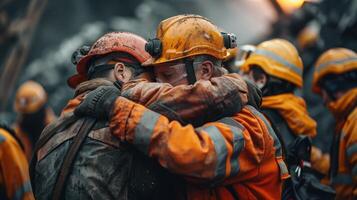 Firefighters Hug After Completing a Difficult Mission photo